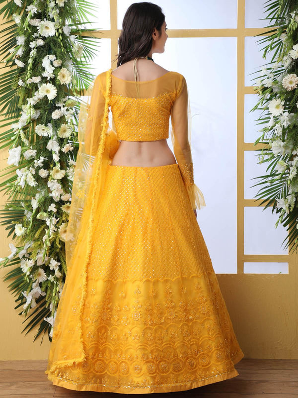 Women's Pretty Mustard Yellow Net Lehenga Choli Set - Odette