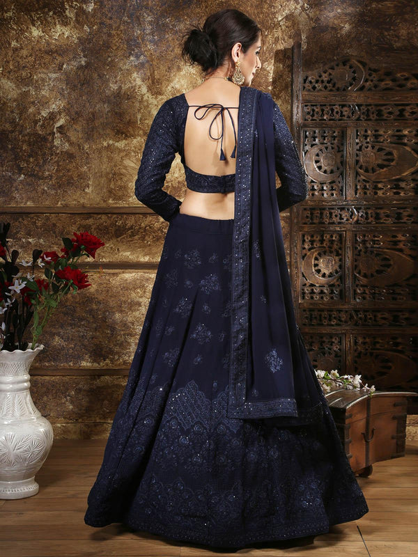 Women's Pretty Navy Blue Georgette Lehenga Choli Set - Odette