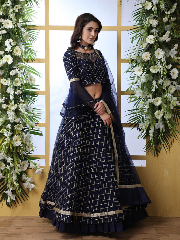 Women's Pretty Navy Blue Net Lehenga Choli Set - Odette