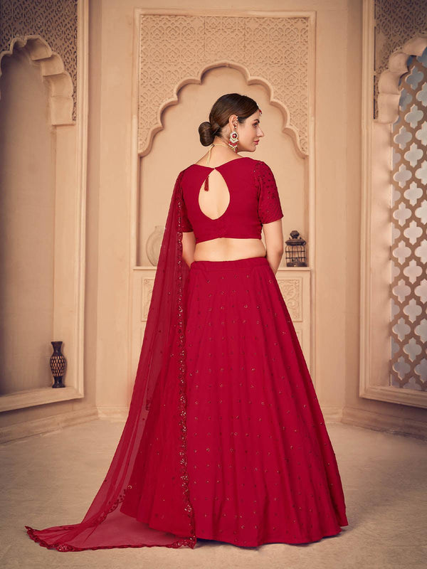 Women's Pretty Red Georgette Lehenga Set - Odette