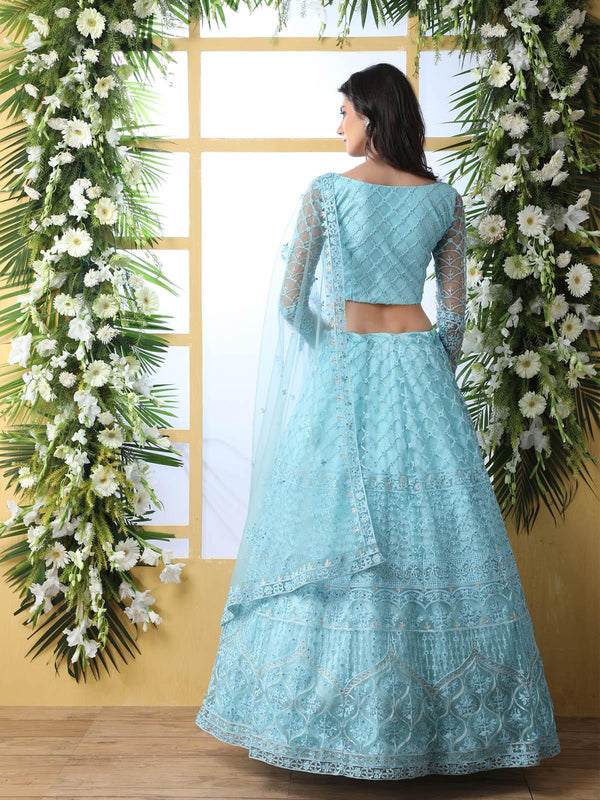 Women's Pretty Sky Blue Net Lehenga Choli Set - Odette