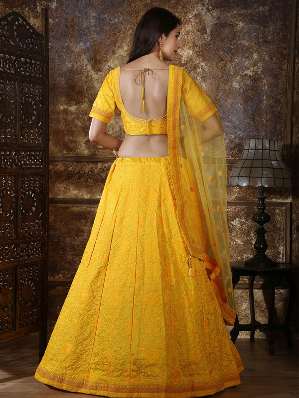 Women's Pretty Yellow Silk Lehenga Choli Set - Odette