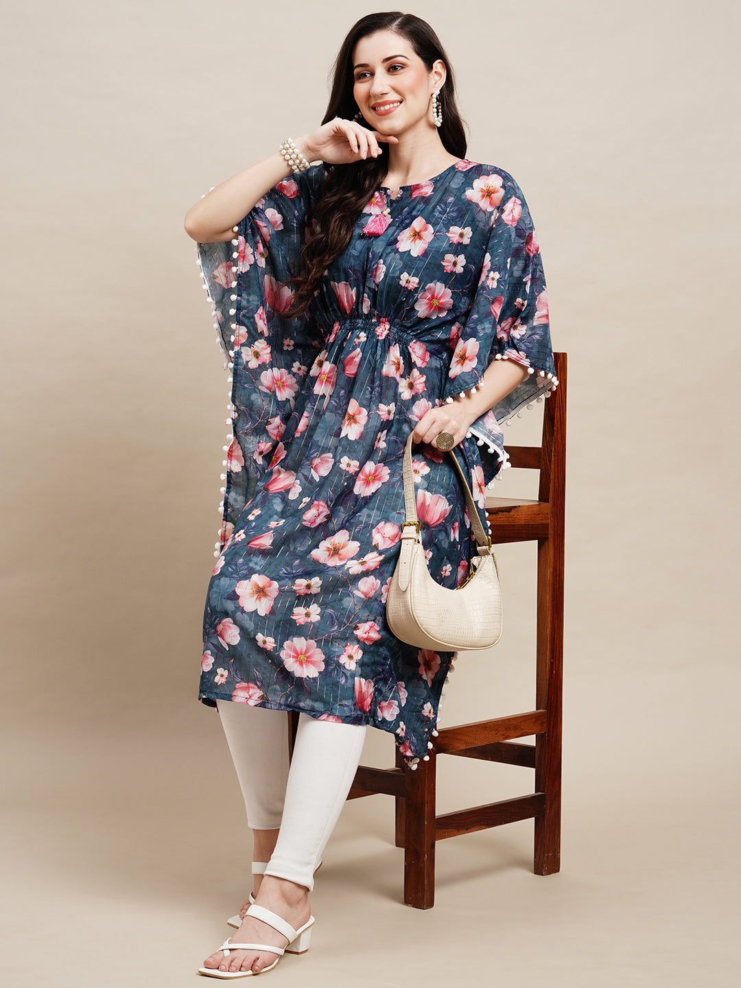 Women's Blue Chinon Floral Printed Kaftan Kurta - Navyaa