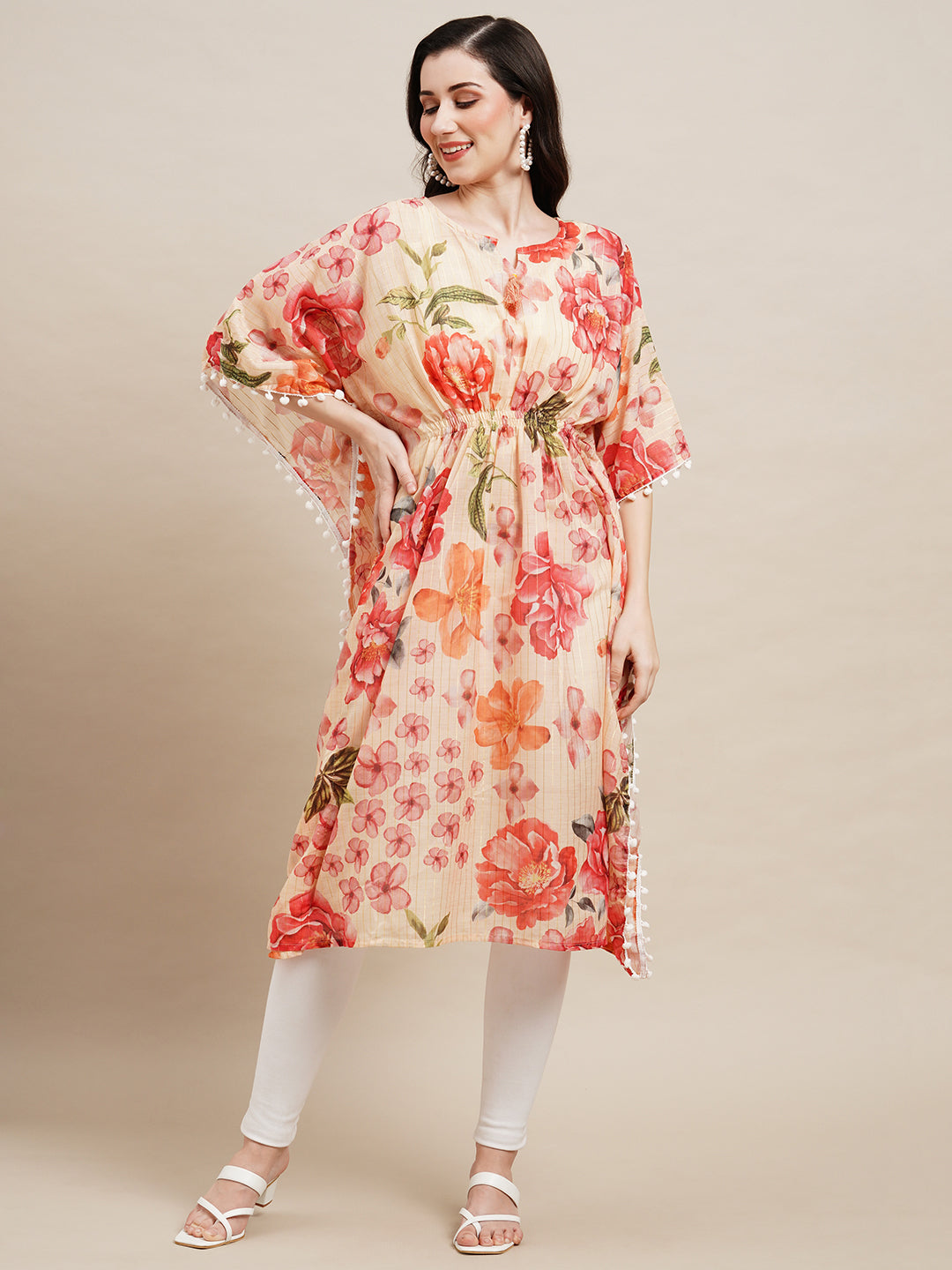 Women's Peach Chinon Floral Printed Kaftan Kurta - Navyaa