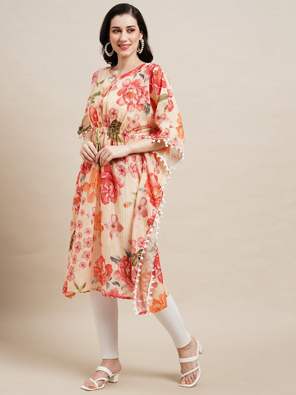 Women's Peach Chinon Floral Printed Kaftan Kurta - Navyaa