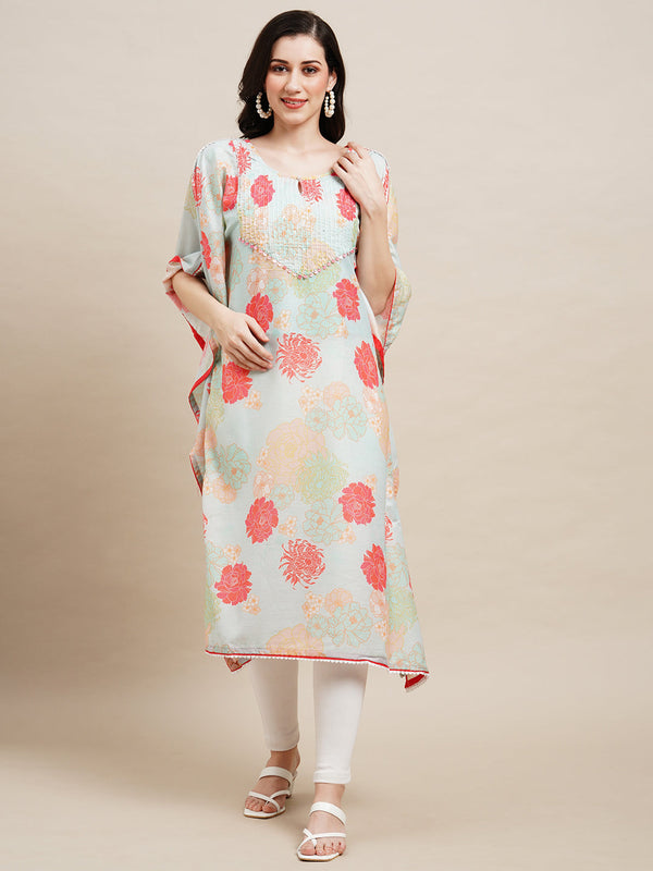 Women's Sea Green Chinon Floral Printed Kaftan Kurta - Navyaa