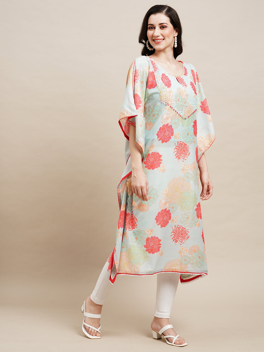 Women's Sea Green Chinon Floral Printed Kaftan Kurta - Navyaa