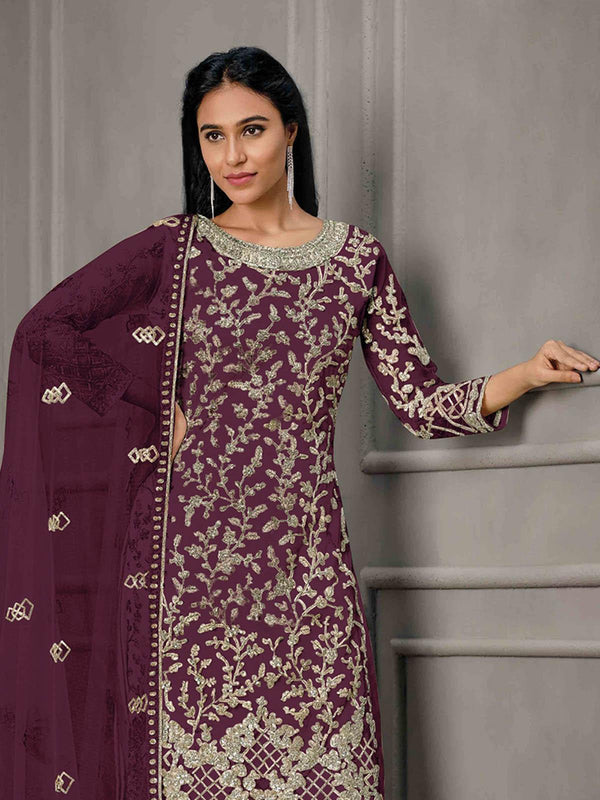 Women's Purple Butterfly Net Embroidered Kurta Set - Odette