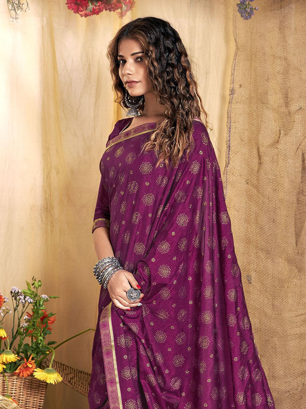 Women's Purple Designer Foil Printed Saree - Odette