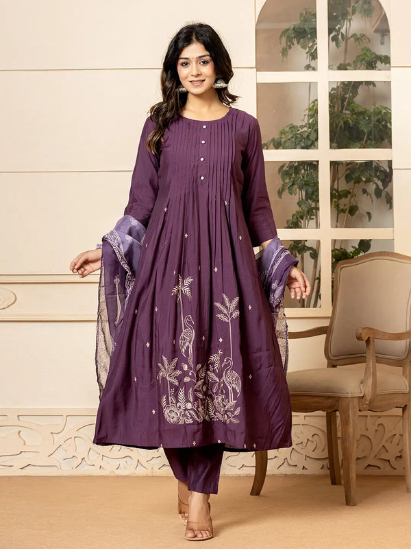 Purple Embroidered A-Line Kurta Dupatta Pant Set