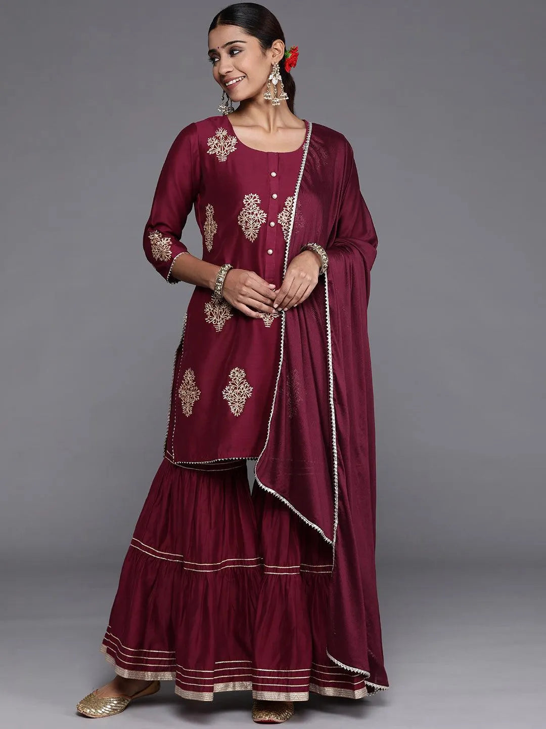 Purple Embroidered Chanderi Silk Straight Suit Set - Jashvi