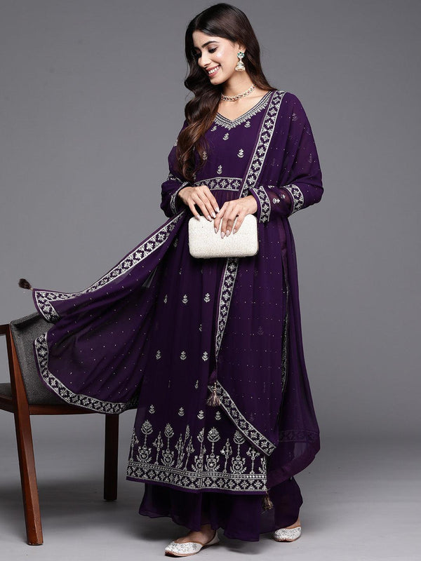 Purple Embroidered Georgette A-Line Kurta With Palazzos & Dupatta - Jashvi