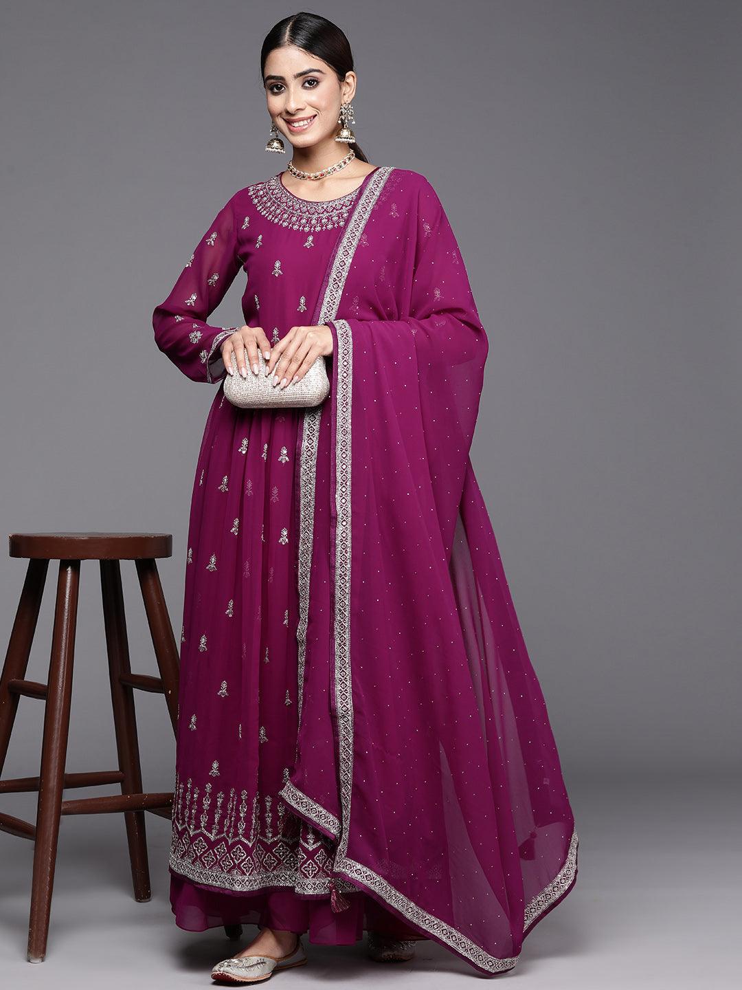 Purple Embroidered Georgette A-Line Kurta With Palazzos & Dupatta - Jashvi