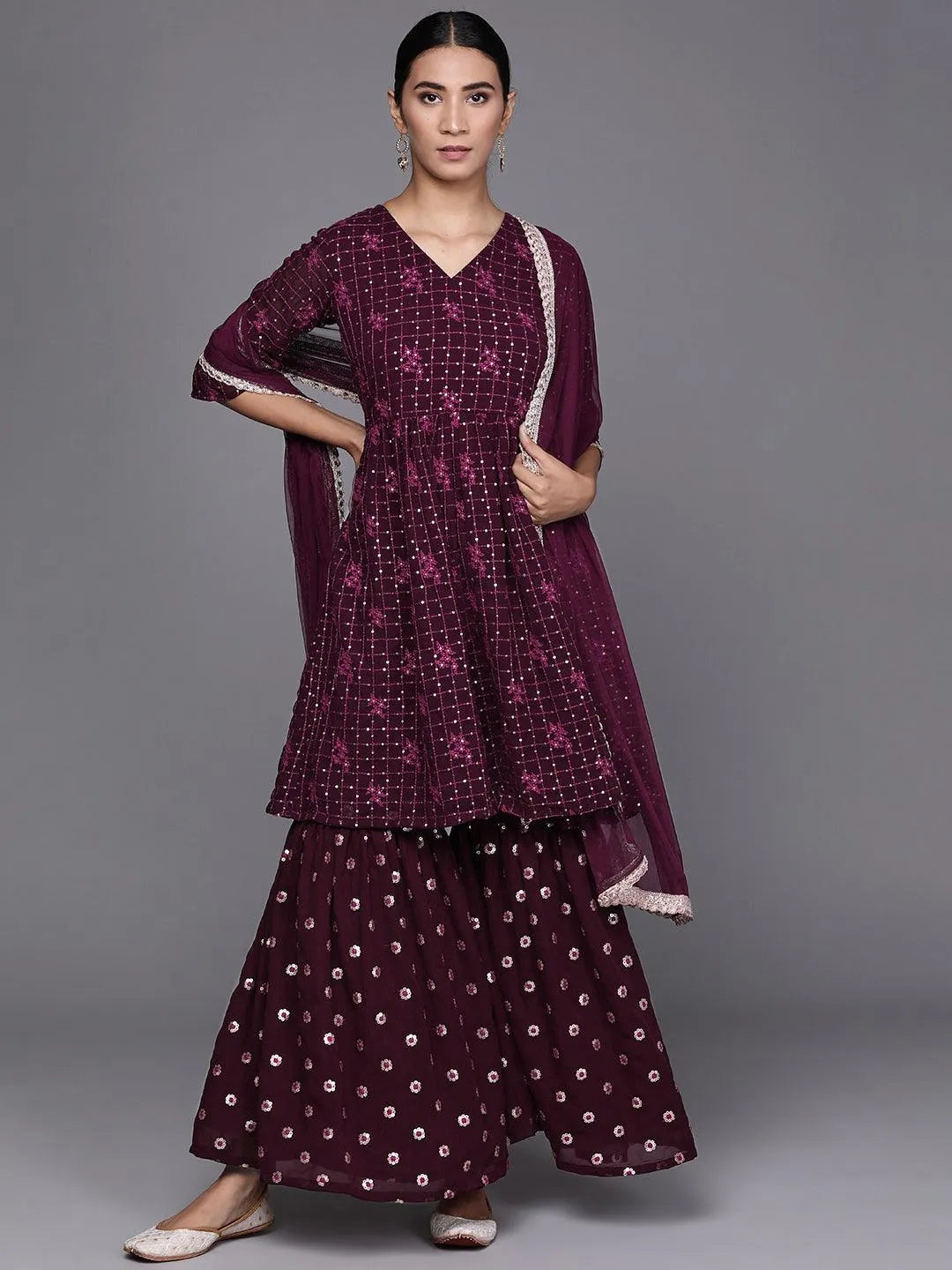 Purple Embroidered Georgette Suit Set - Jashvi