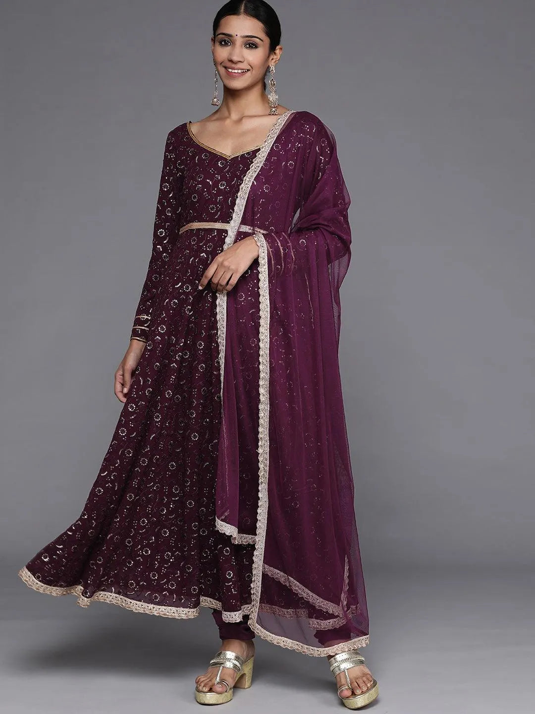 Purple Embroidered Georgette Anarkali Suit Set With Churidar - Jashvi