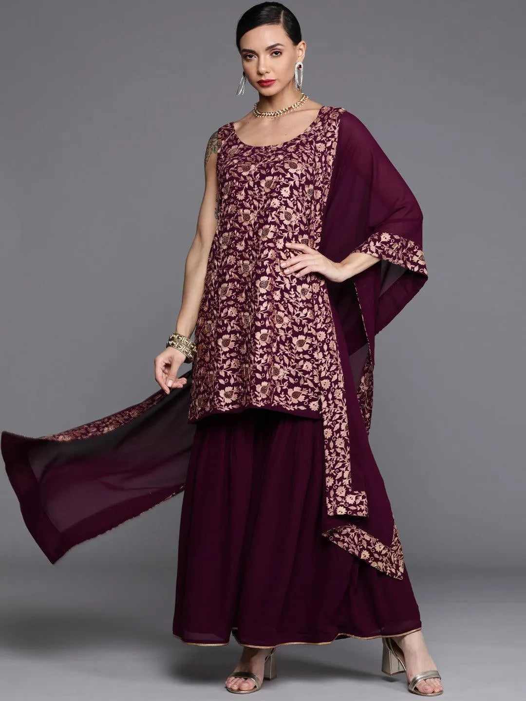 Purple Embroidered Georgette Suit Set - Jashvi