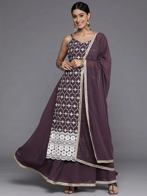 Purple Embroidered Georgette Straight Suit Set With Skirt - Jashvi