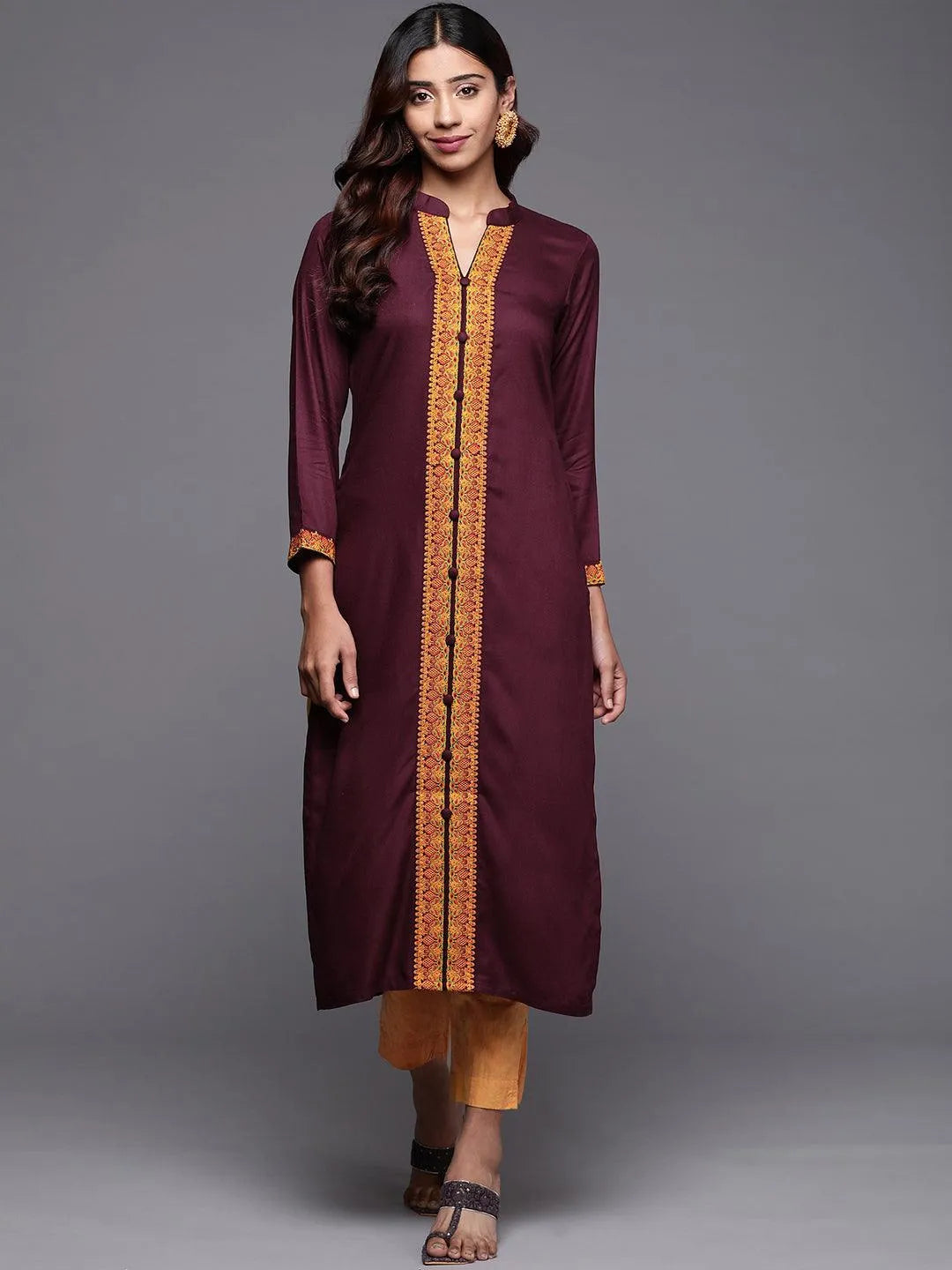 Purple Embroidered Pashmina Wool Straight Kurta - Jashvi