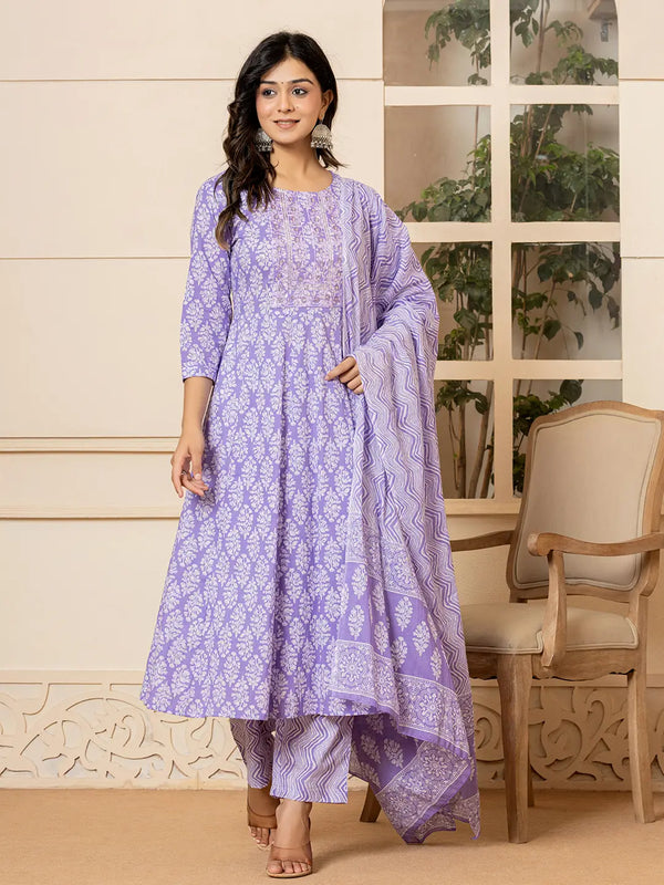 Purple Embroidered Pure Cotton Anarkali Kurta Trouser With Dupatta Set