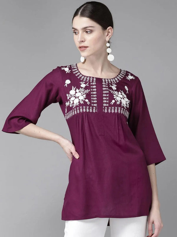 Purple Embroidered Rayon Kurti - Jashvi