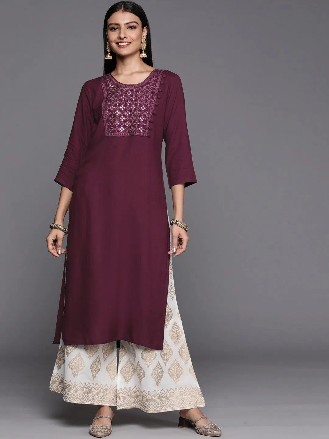 Purple Embroidered Rayon Straight Kurta - Jashvi