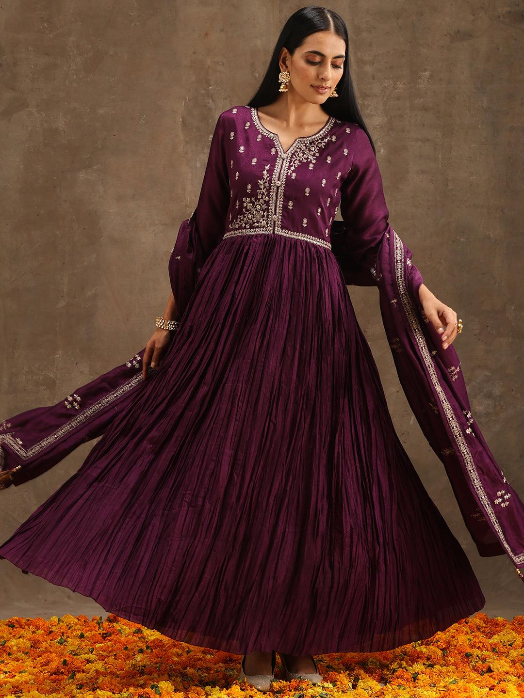 Purple Embroidered Silk Blend Anarkali Suit Set With Trousers - Jashvi