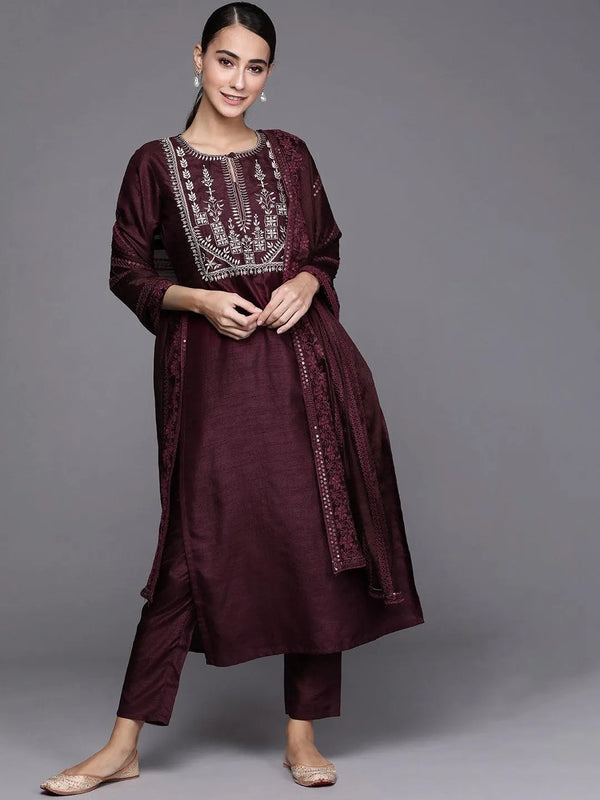 Purple Embroidered Silk Blend Suit Set - Jashvi