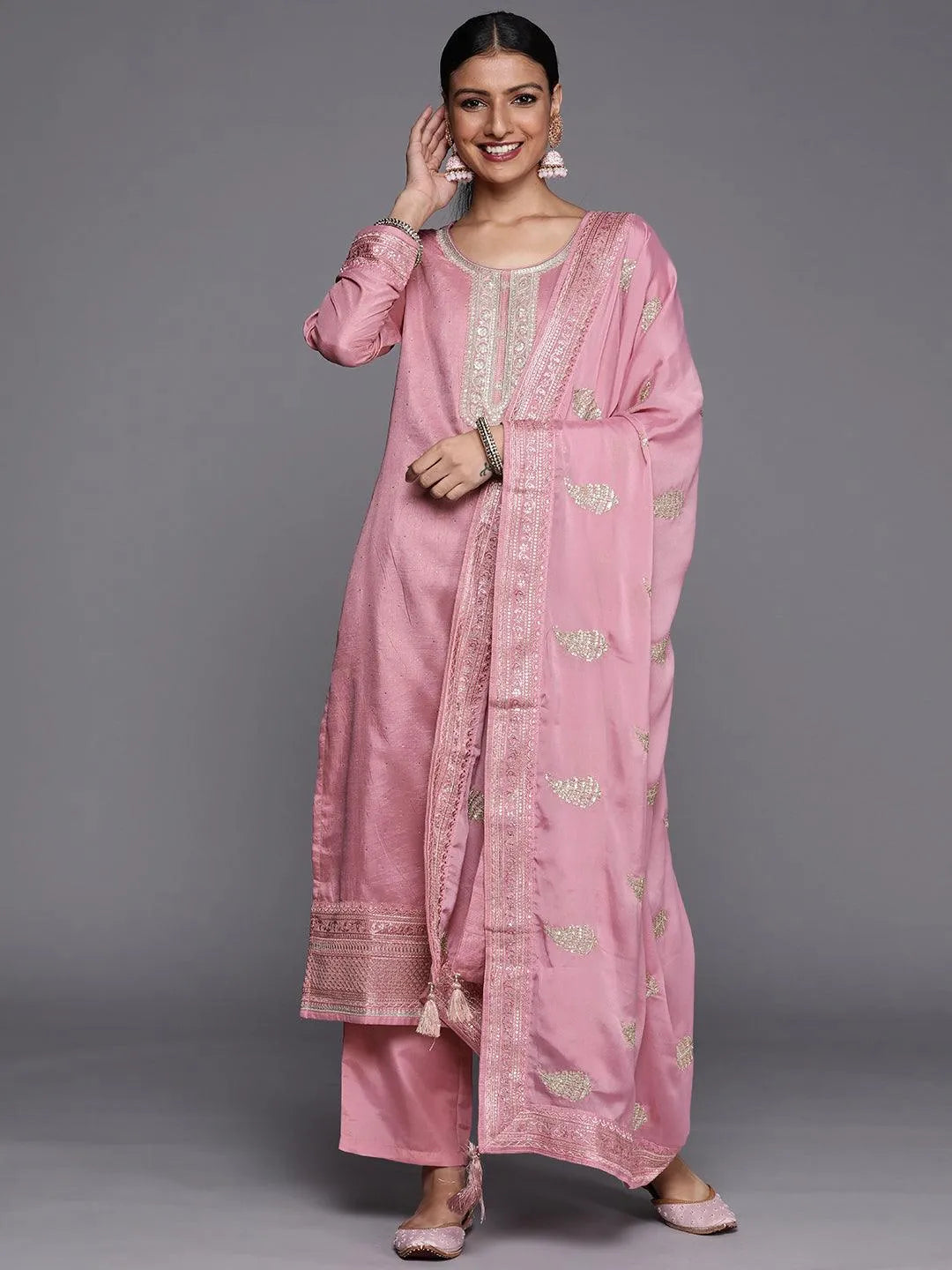 Purple Embroidered Silk Blend Straight Suit Set - Jashvi