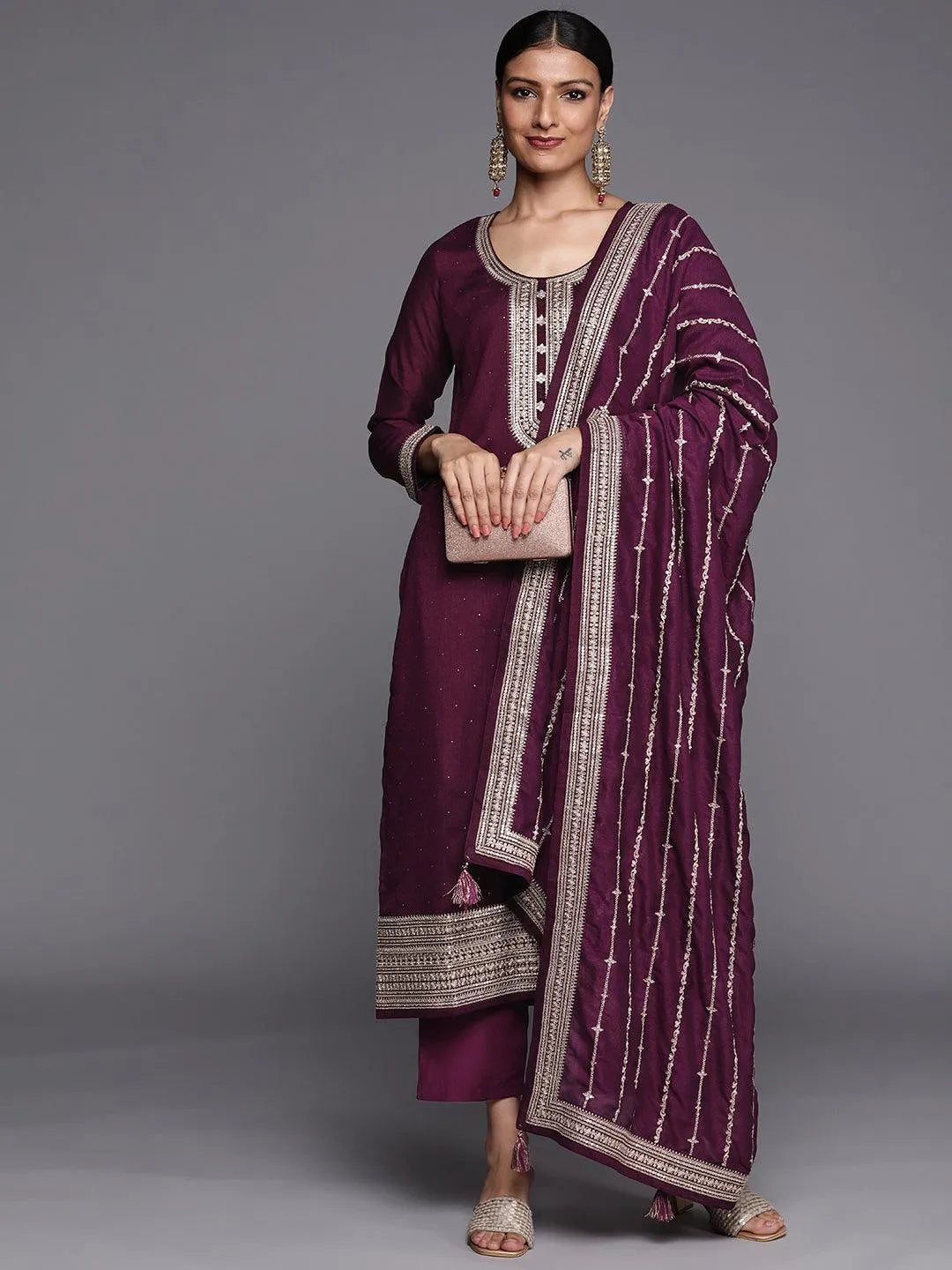 Purple Embroidered Silk Blend Straight Suit Set - Jashvi