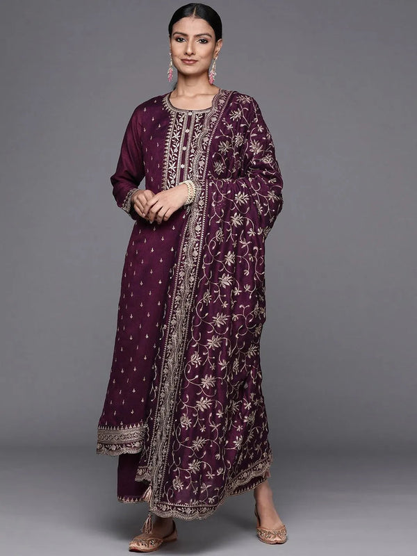 Purple Embroidered Silk Blend Straight Suit Set - Jashvi