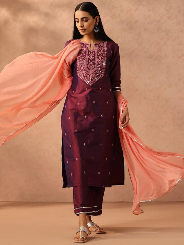 Purple Embroidered Silk Blend Suit Set With Trousers - Jashvi