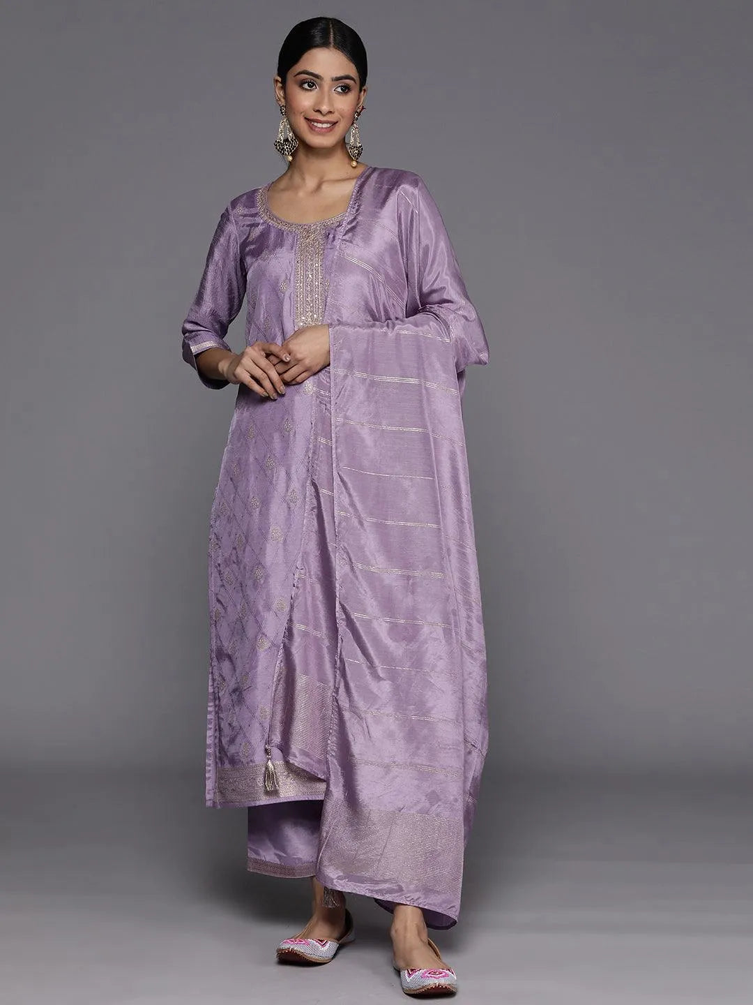 Purple Embroidered Silk Blend Suit Set With Trousers - Jashvi