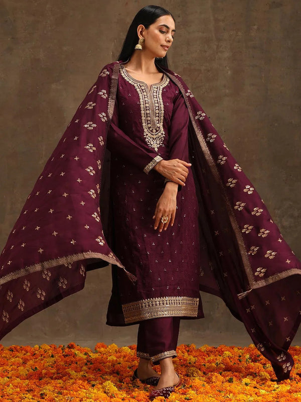 Purple Embroidered Silk Blend Suit Set With Trousers - Jashvi