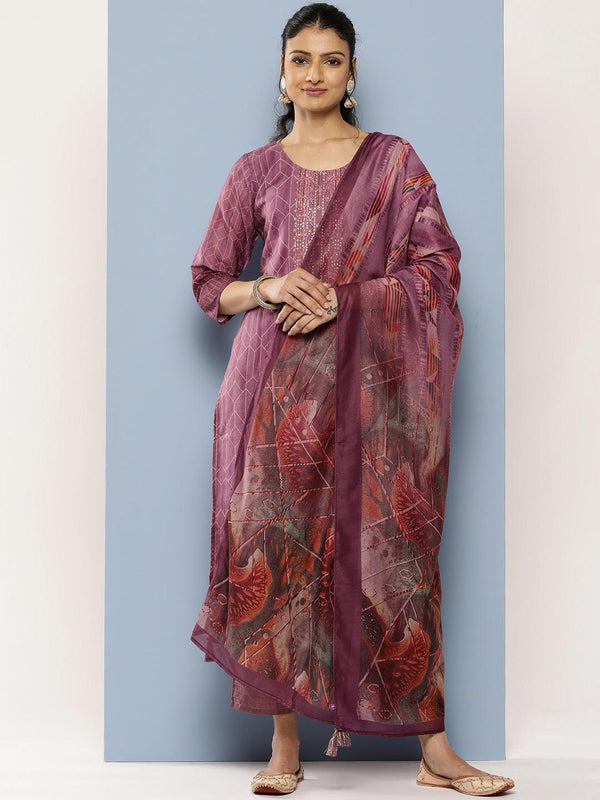 Purple Embroidered Silk Blend Straight Suit Set With Trousers - Jashvi