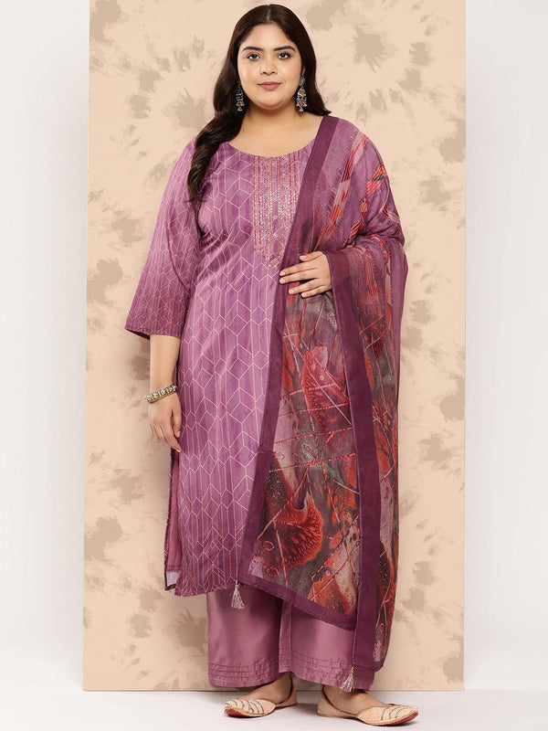 Purple Embroidered Silk Blend Straight Kurta With Trousers and Dupatta - Jashvi