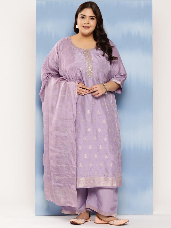 Purple Embroidered Silk Blend Straight Kurta With Trousers and Dupatta - Jashvi