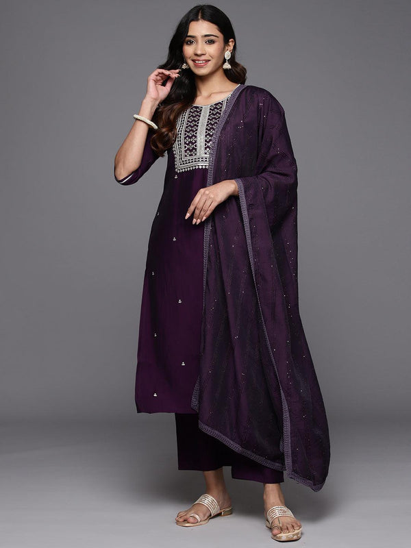 Purple Embroidered Silk Blend Straight Kurta With Trousers & Dupatta - Jashvi