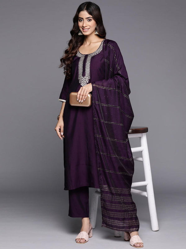 Purple Embroidered Silk Blend Straight Kurta With Trousers & Dupatta - Jashvi