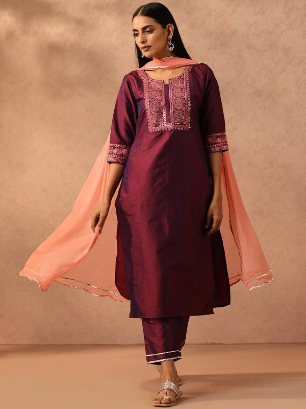 Purple Embroidered Silk Blend Suit Set With Trousers - Jashvi