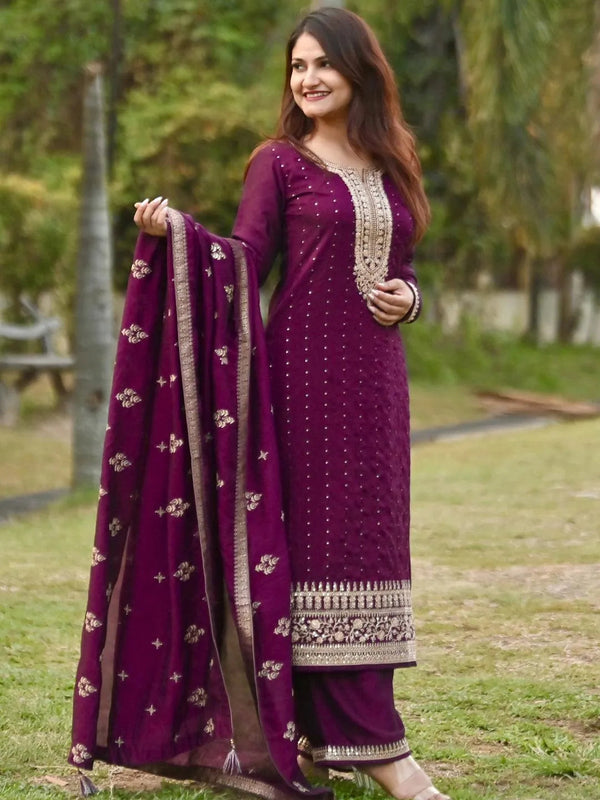 Purple Embroidered Silk Blend Straight Suit With Dupatta - Jashvi