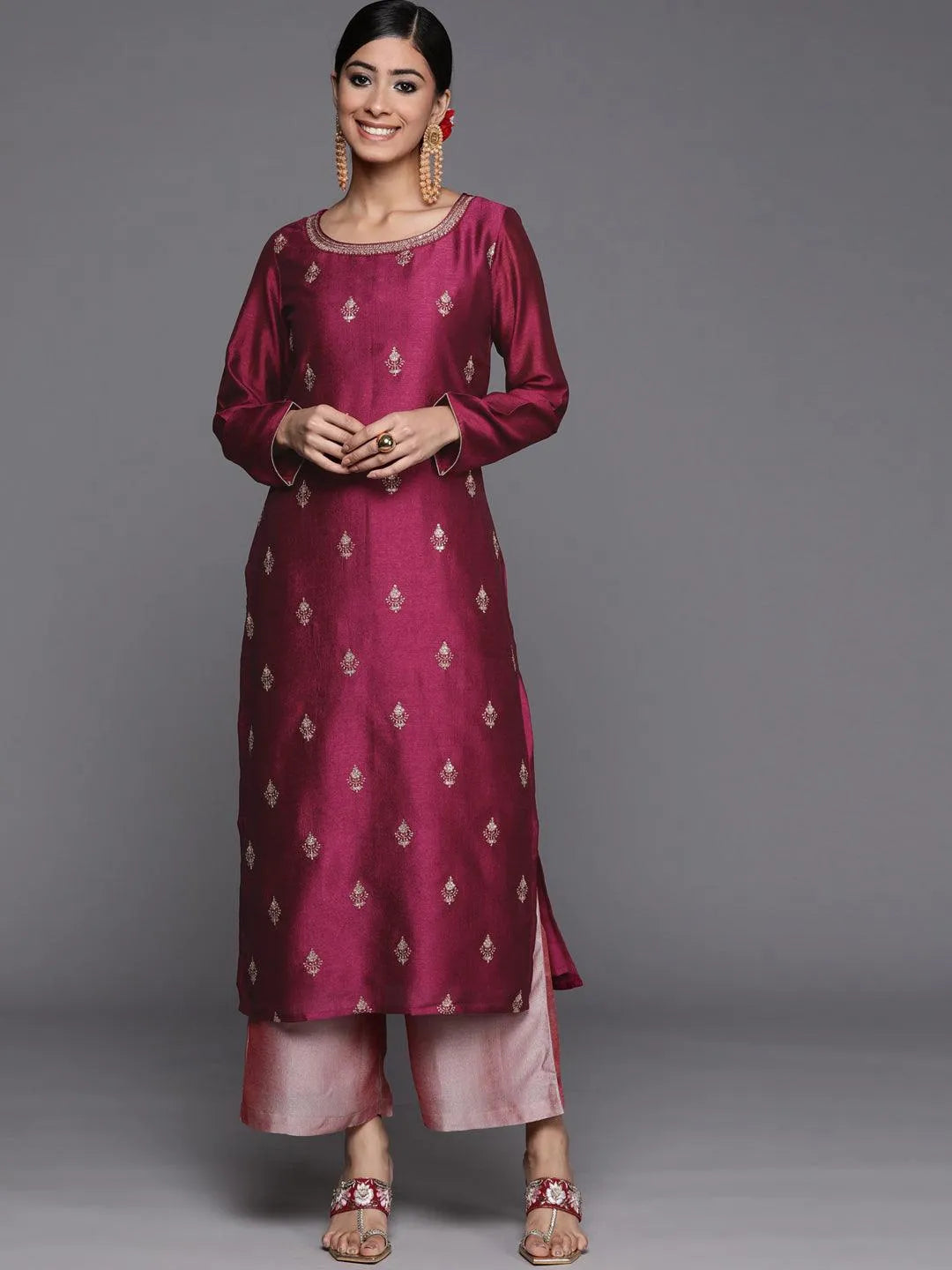 Purple Embroidered Silk Straight Kurta - Jashvi