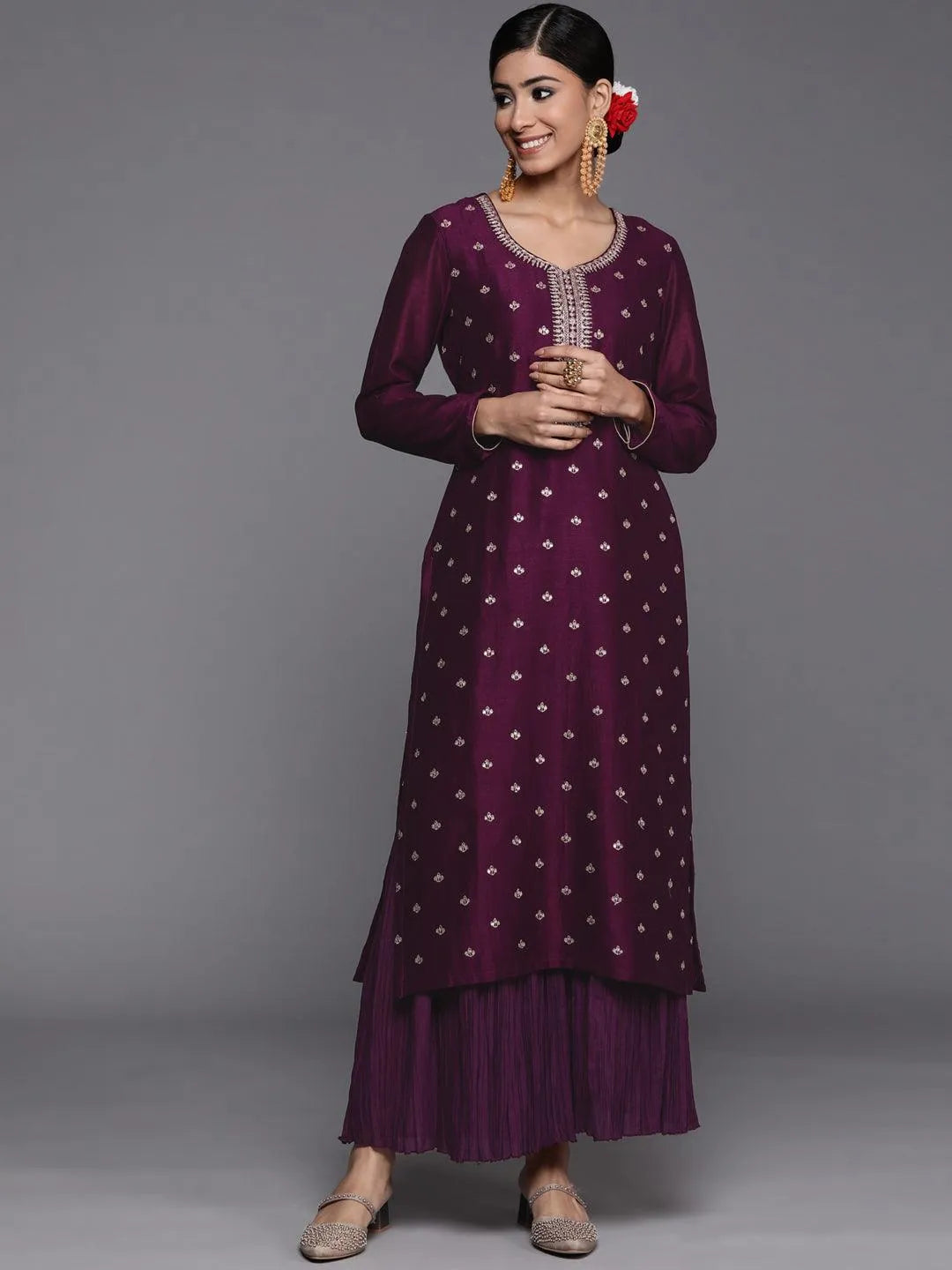 Purple Embroidered Silk Straight Kurta - Jashvi