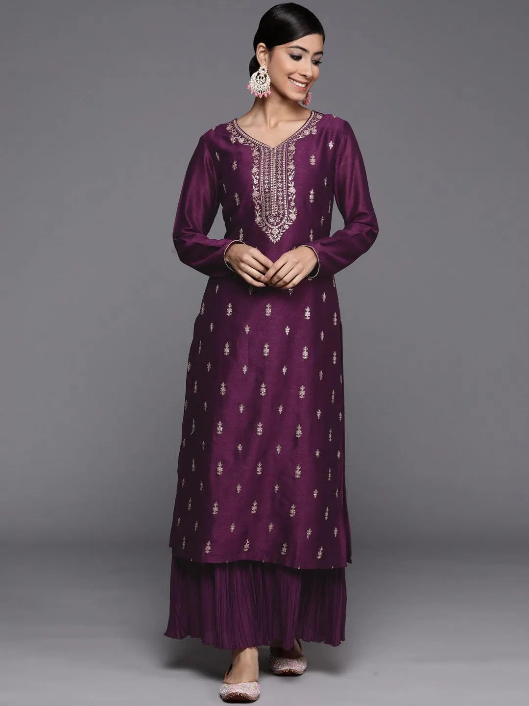 Purple Embroidered Silk Straight Kurta - Jashvi