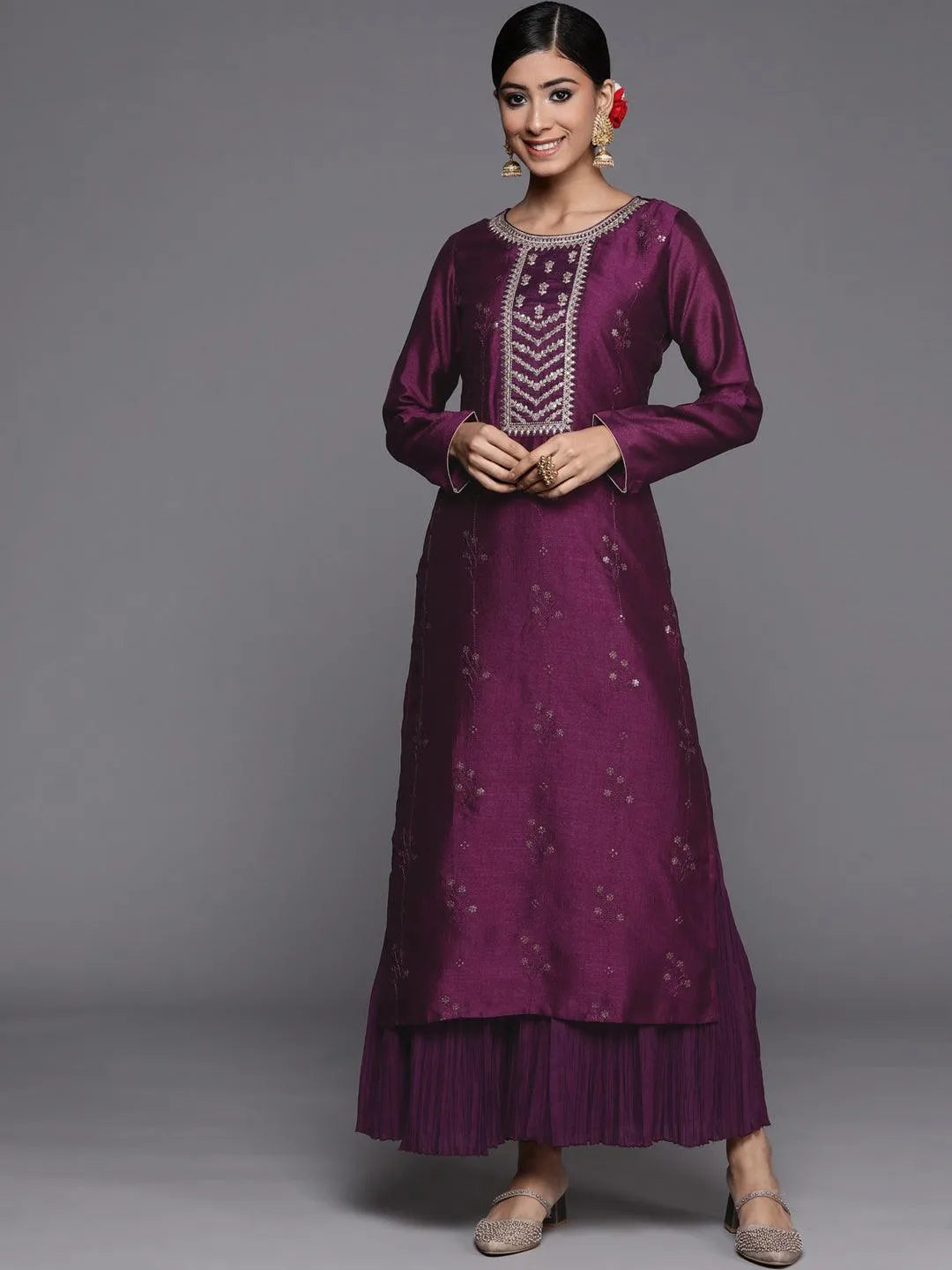 Purple Embroidered Silk Straight Kurta - Jashvi