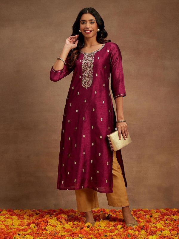 Purple Embroidered Silk Straight Kurta - Jashvi