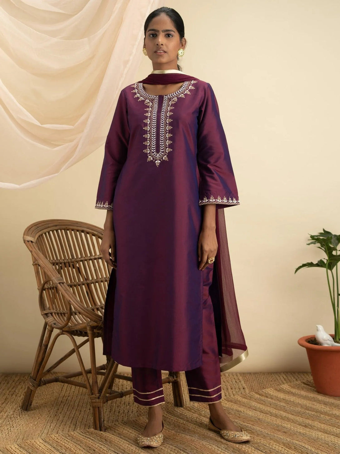 Purple Embroidered Silk Suit Set - Jashvi