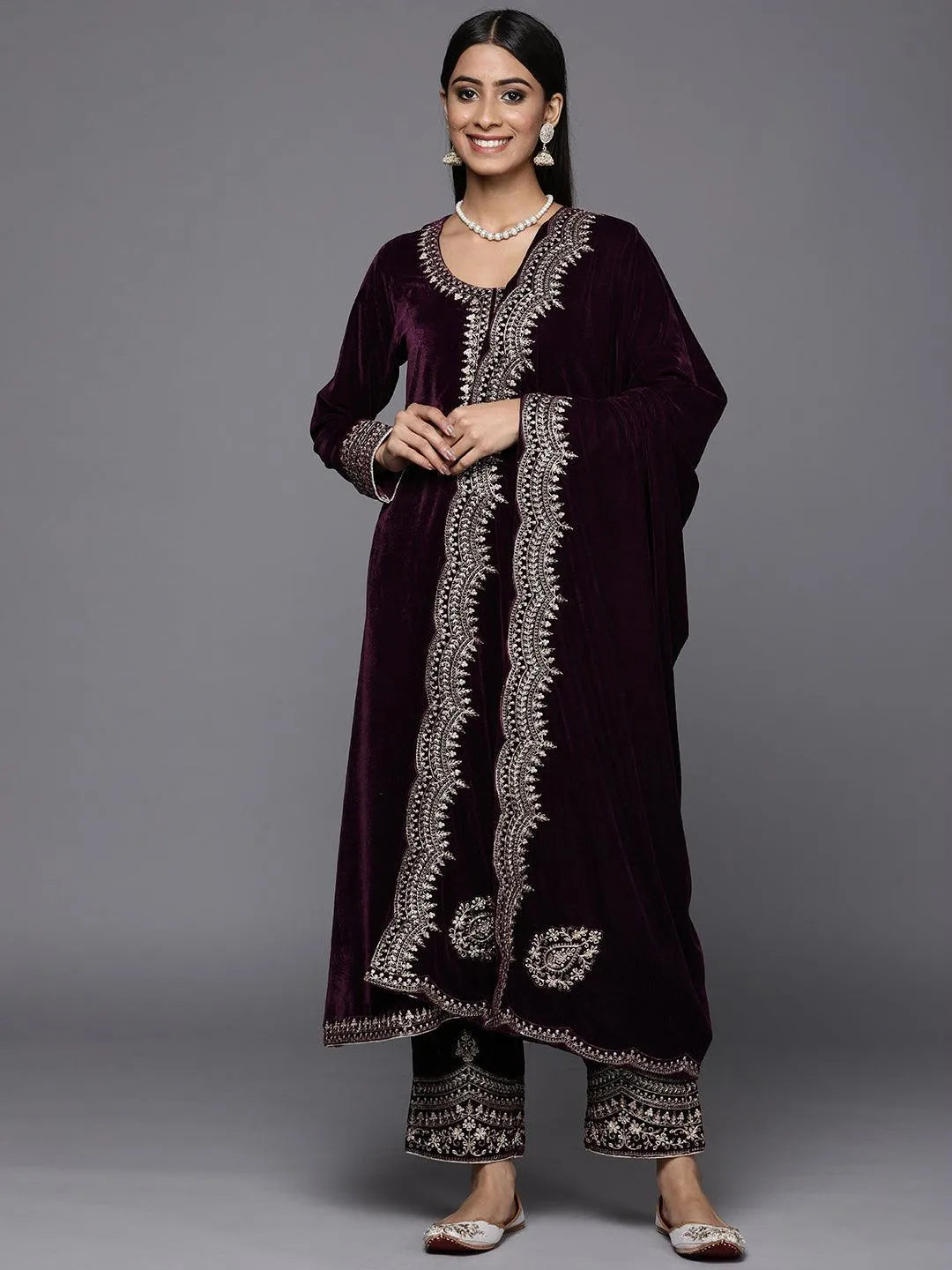 Purple Embroidered Velvet A-Line Suit Set - Jashvi