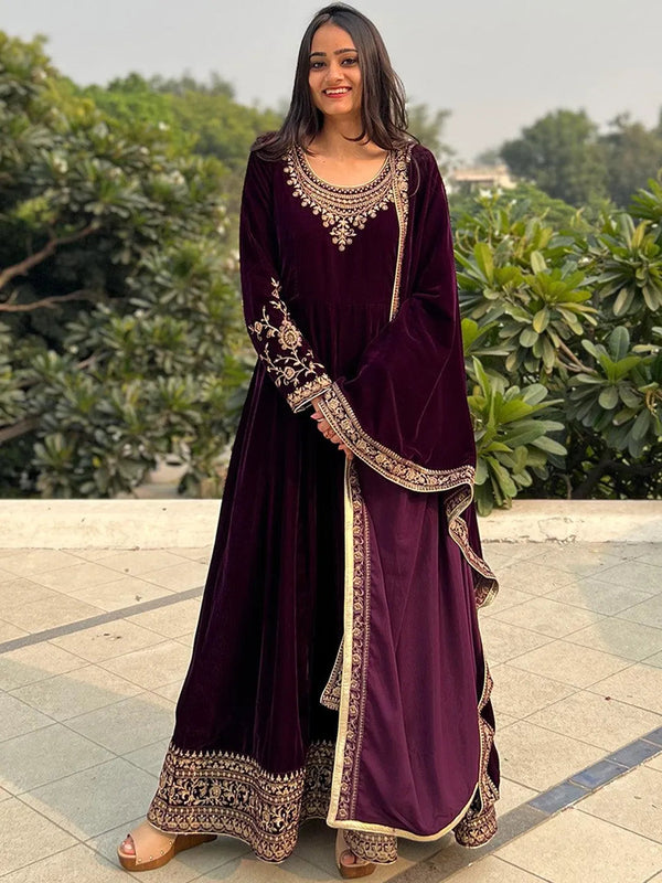 Purple Embroidered Velvet Anarkali Suit Set - Jashvi