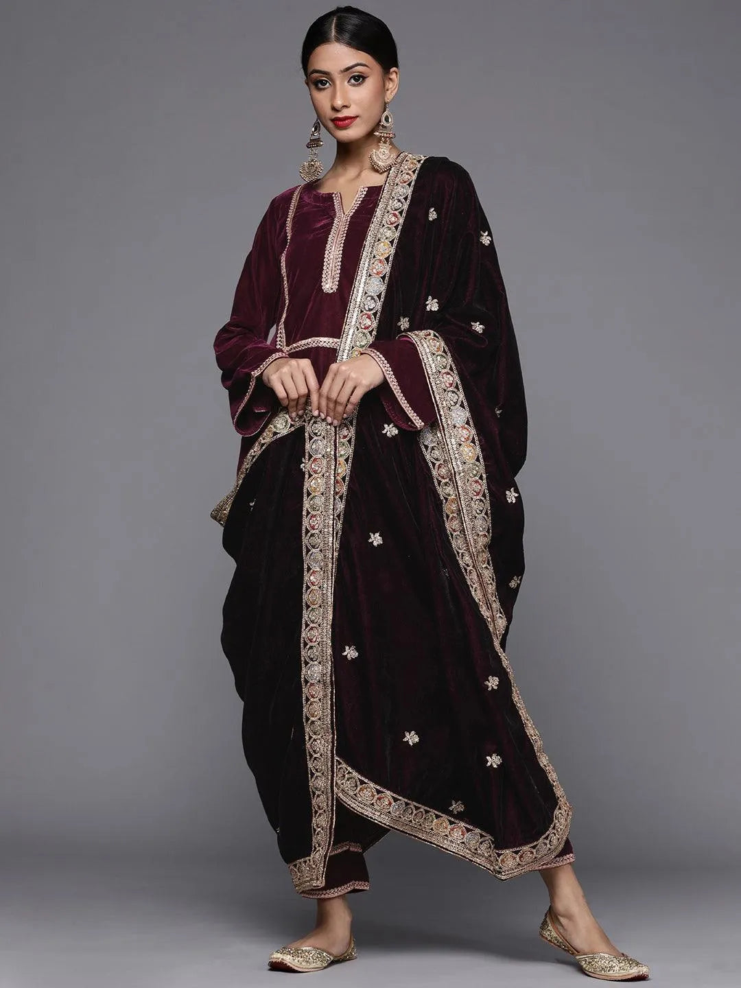 Purple Embroidered Velvet Suit Set - Jashvi