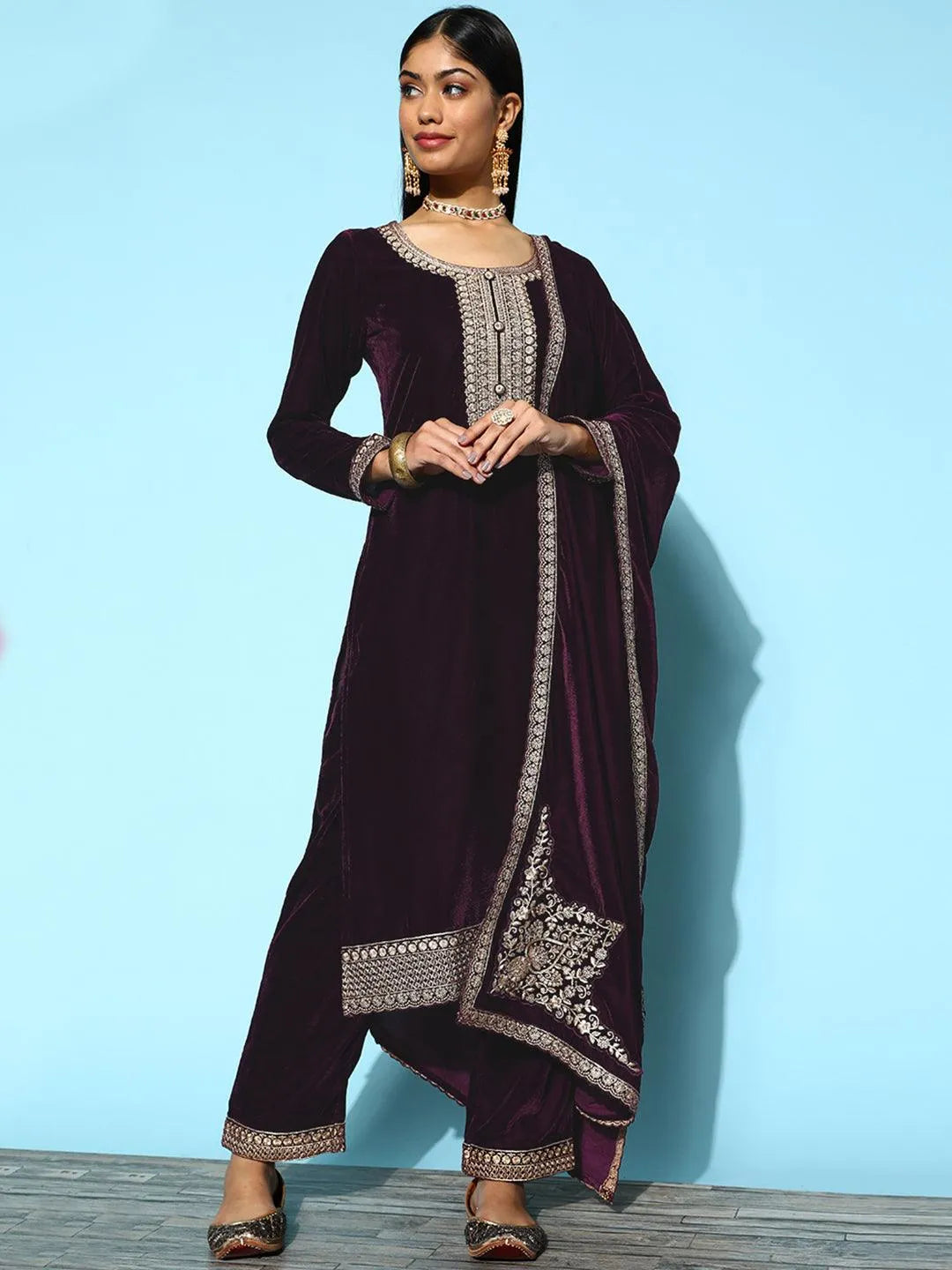 Purple Embroidered Velvet Straight Suit Set - Jashvi